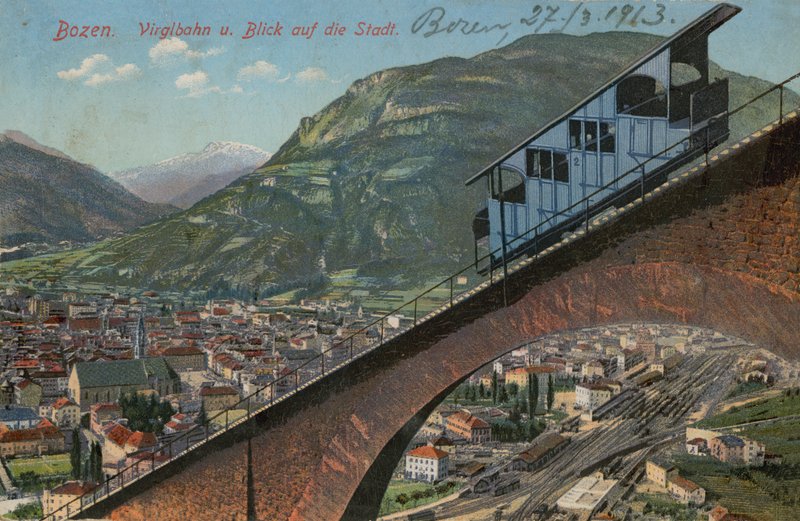 Bolzano - lanová dráha a výhled na město. Pohlednice odeslána v roce 1913. od Italian Photographer