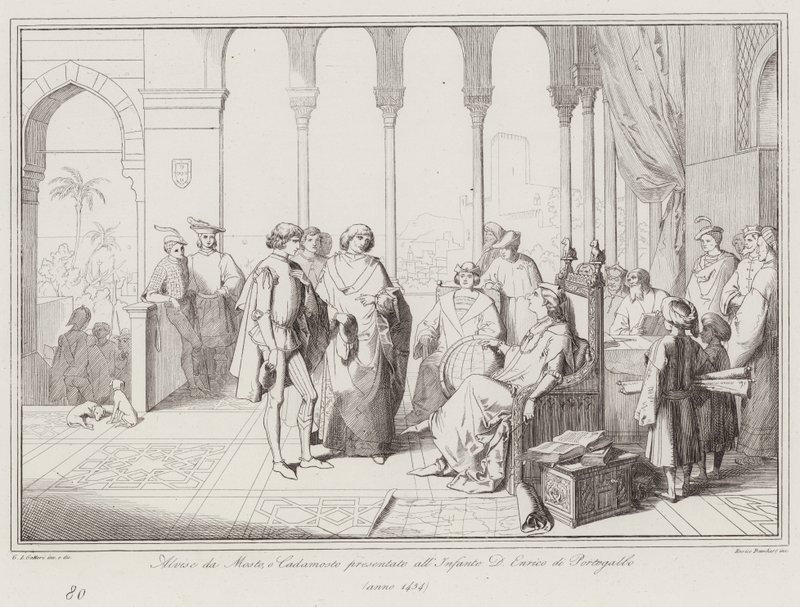 Alvise da Mosto nebo Cadamosto představený Infante D Enricovi z Portugalska od Italian School