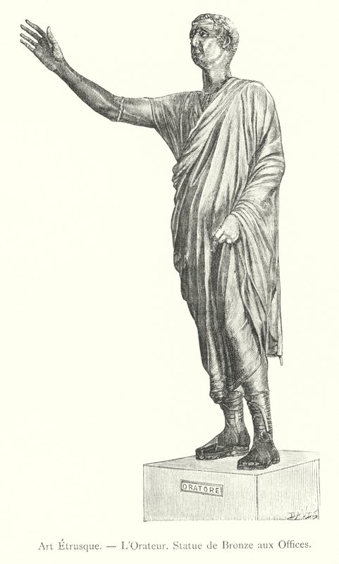 Etruské umění, řečník, bronzová socha v Uffizi (rytina) od Italian School