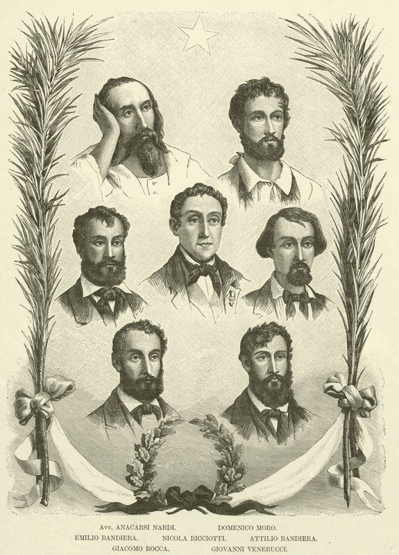 Avv Anacarsi Nardi, Domenico Moro, Emilio Bandiera, Nicola Ricciotti, Attilio Bandiera, Giacomo Rocca, Giovanni Venerucci (rytina) od Italian School