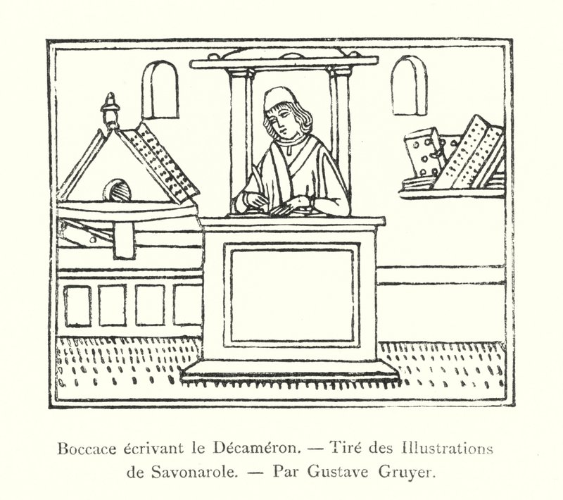 Boccaccio píše dekameron, z ilustrací Savonaroly, Gustave Gruyer (rytina) od Italian School
