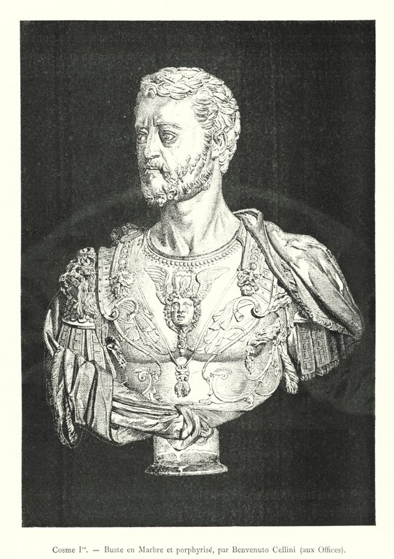 Cosimo I, Busta v mramoru a porfyru, od Benvenuto Cellini, v Uffizi (rytina) od Italian School
