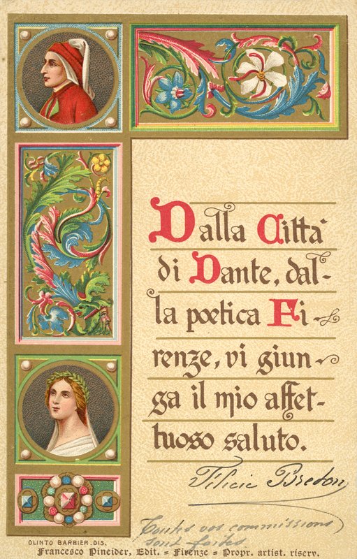Dante, Beatrice, Božská komedie (barevná litografie) od Italian School