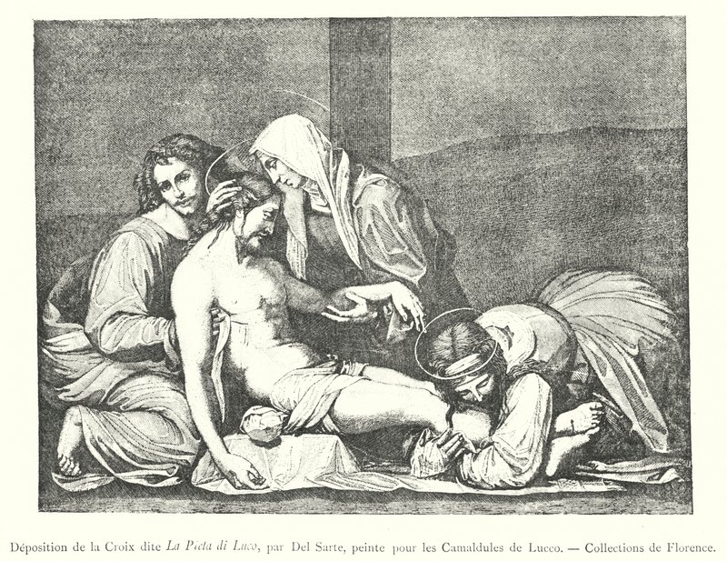 Složení kříže známé jako La Pieta di Luco, od Del Sarte, malované pro kamaldulu z Lucca, sbírky Florencie (rytina) od Italian School