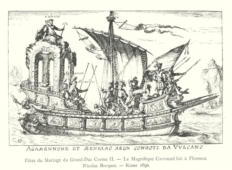 Slavnosti svatby velkovévody Cosima II., Velkolepý kolotoč vyrobený ve Florencii, Nicolas Bocquet, Řím 1690 (rytina) od Italian School