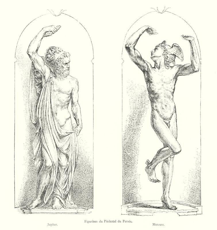 Figurky du Piedestal du Persee, Jupiter, Mercure (rytina) od Italian School