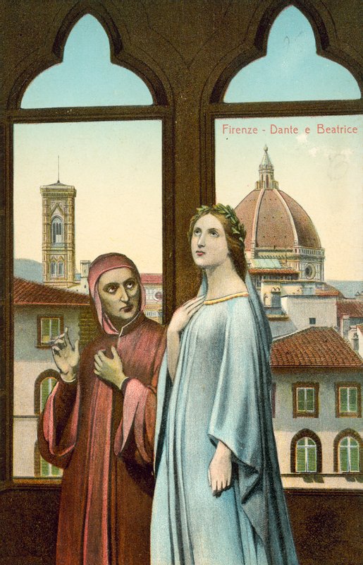 Florencie, Dante a Beatrice (barevná litografie) od Italian School