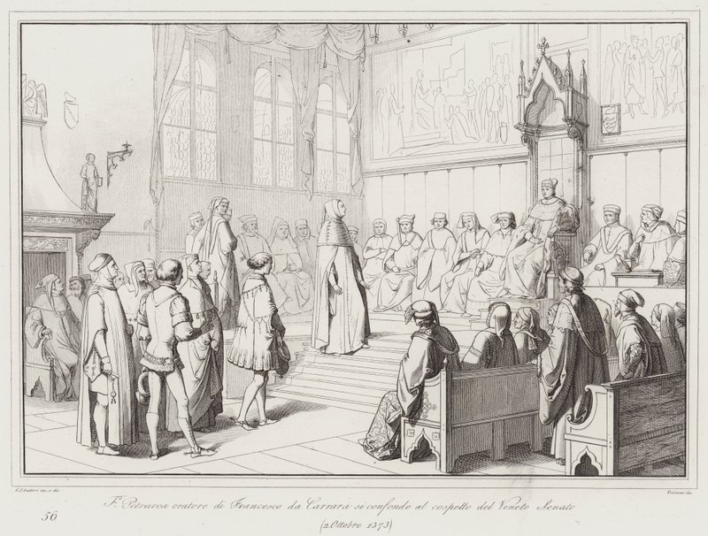 Francesco Petrarca, řečník Francesca da Carrara, je zmatený v přítomnosti benátského senátu od Italian School