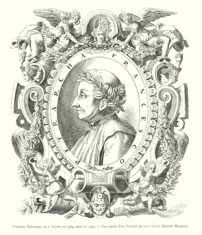 Francois Petrarque, narozen v Arezzo v roce 1304, zemřel v roce 1374, Faksimile portrétu ze 16. století, Britské muzeum (rytina) od Italian School