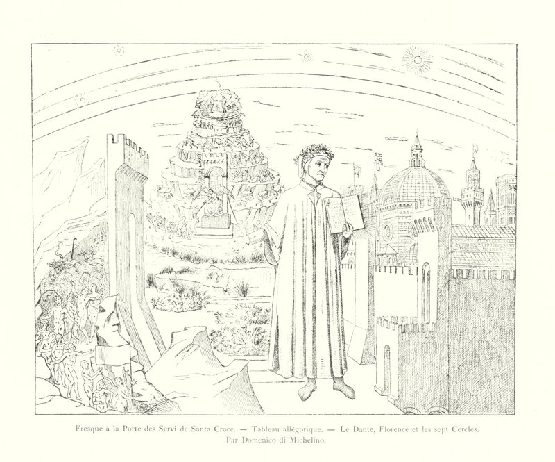 Freska u dveří Servi of Santa Croce, Alegorický obraz, Dante, Florencie a sedm kruhů, Domenico di Michelino (rytina) od Italian School