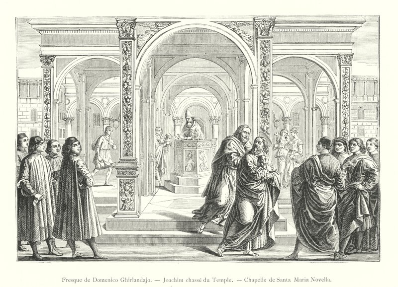 Freska od Domenica Ghirlandaja, pronásledování Joachima z chrámu, kaple Santa Maria Novella (rytina) od Italian School