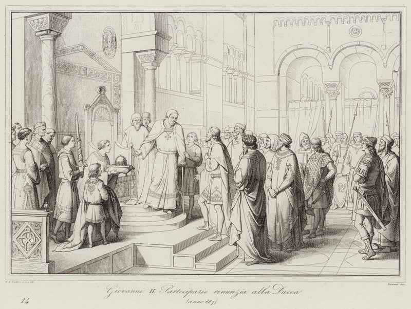 Giovanni II Partecipazio se vzdává vévodství, 887 (rytina) od Italian School