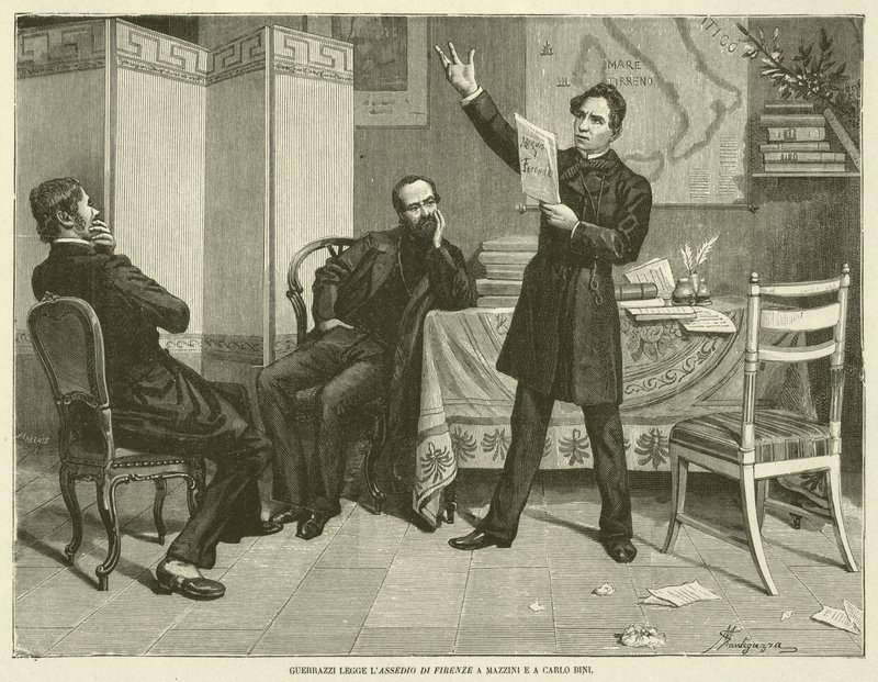 Guerrazzi čte Mazzinimu a Carlo Binimu obležení Florencie (rytina) od Italian School