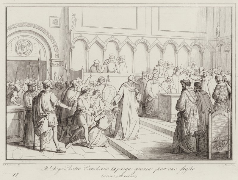 Doge Pietro Candiano III se modlí za milost pro svého syna, 958 (rytina) od Italian School