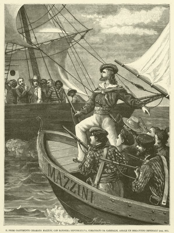 První loděnice s názvem Mazzini, s republikánskou vlajkou, pod velením Garibaldiho, Assale An Imperial Brigantion (rytina) od Italian School