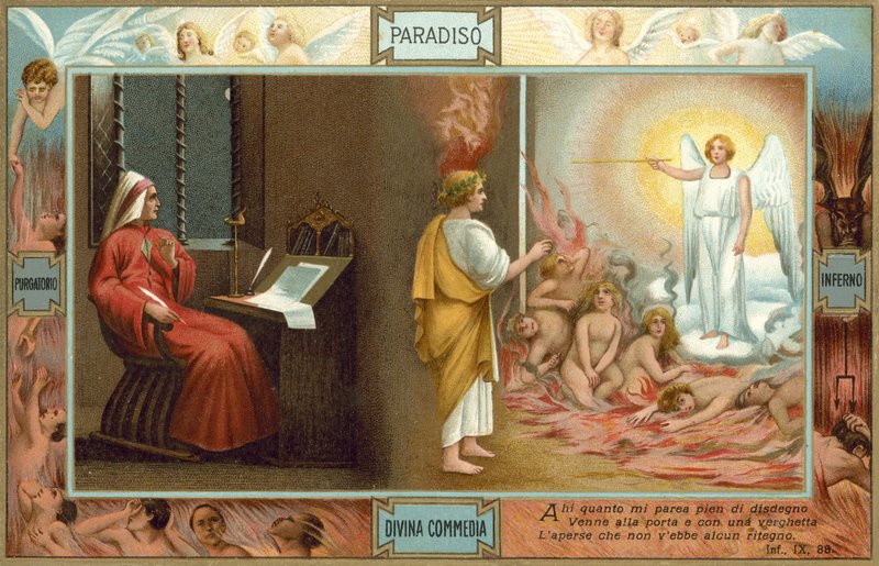 Ilustrace k Danteho Božské komedii (barevná litografie) od Italian School