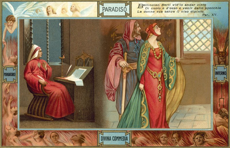 Ilustrace k Danteho Božské komedii (barevná litografie) od Italian School