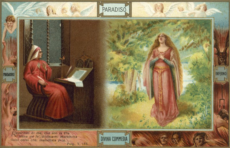 Ilustrace k Danteho Božské komedii (barevná litografie) od Italian School