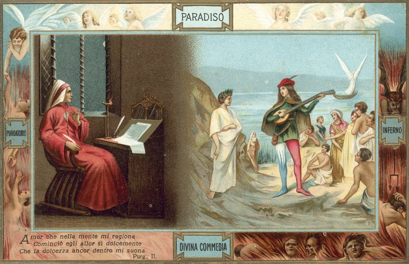 Ilustrace k Danteho Božské komedii (barevná litografie) od Italian School