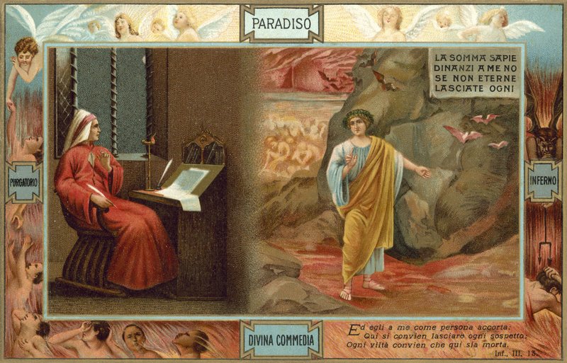 Ilustrace k Danteho Božské komedii (barevná litografie) od Italian School