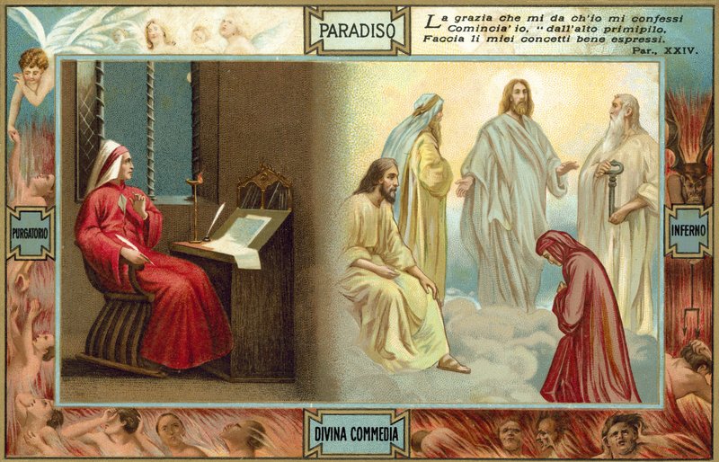 Ilustrace k Danteho Božské komedii (barevná litografie) od Italian School