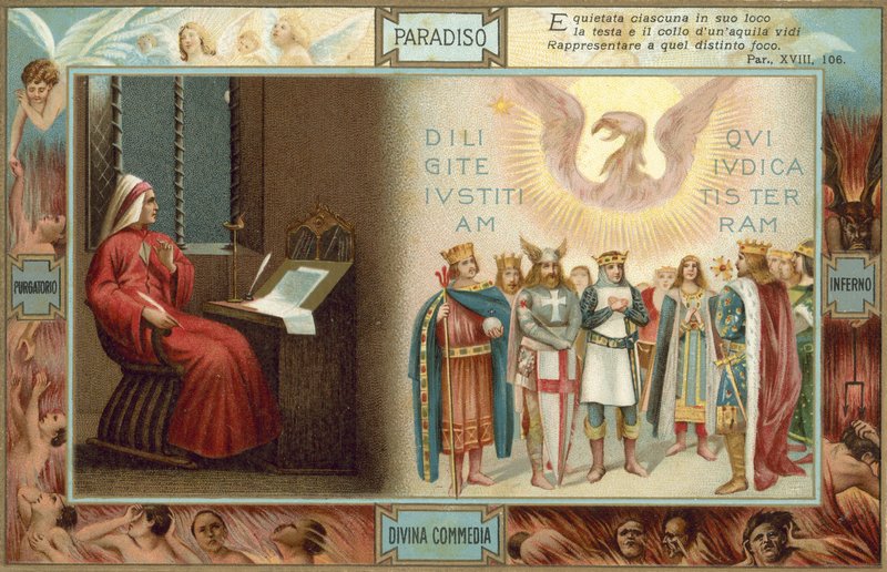 Ilustrace k Danteho Božské komedii (barevná litografie) od Italian School