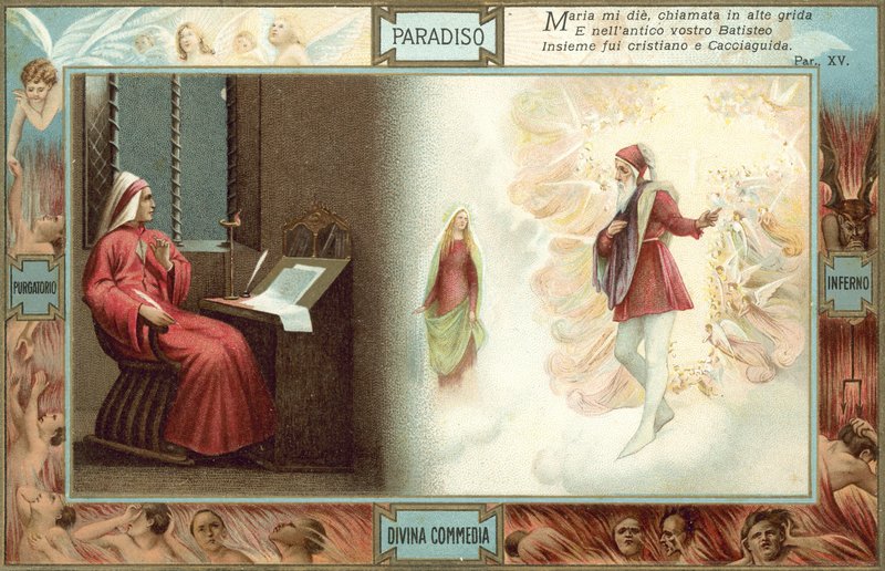 Ilustrace k Danteho Božské komedii (barevná litografie) od Italian School