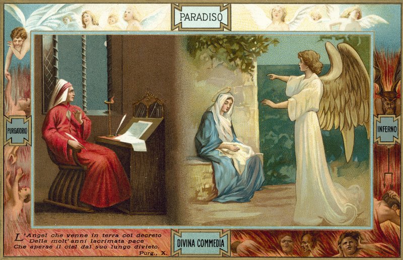 Ilustrace k Danteho Božské komedii (barevná litografie) od Italian School