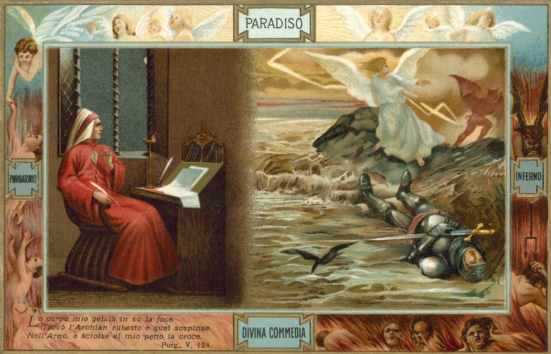 Ilustrace k Danteho Božské komedii (barevná litografie) od Italian School