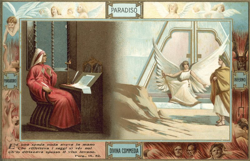 Ilustrace k Danteho Božské komedii (barevná litografie) od Italian School