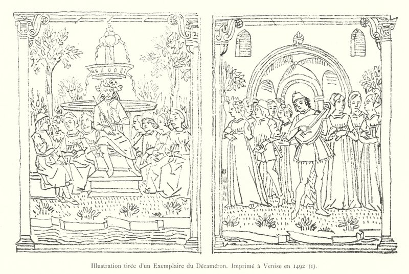 Ilustrace z kopie Dekameronu, vytištěné v Benátkách v roce 1492, I (rytina) od Italian School