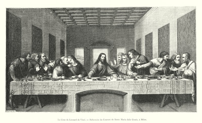 Poslední večeře od Leonarda da Vinciho, refektář kláštera Santa Maria delle Grazie, v Miláně (rytina) od Italian School