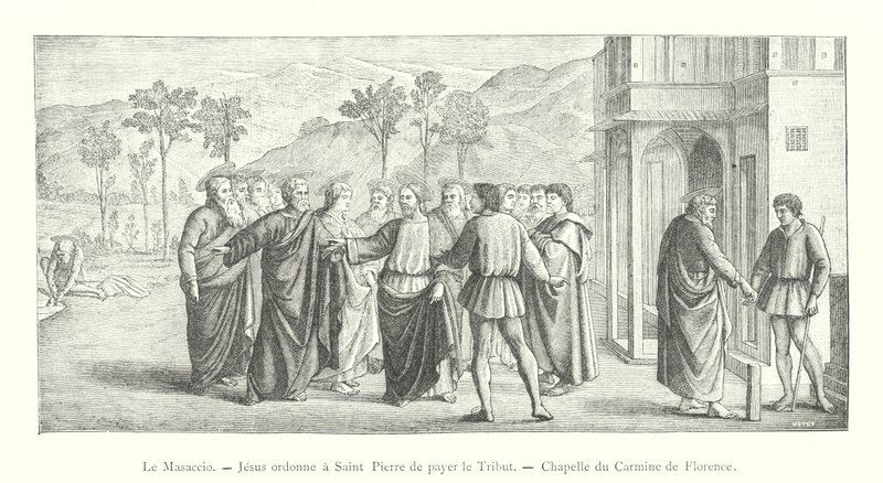 Masaccio, Ježíš přikazuje svatému Petrovi, aby vzdal hold, Carmine Chapel ve Florencii (rytina) od Italian School