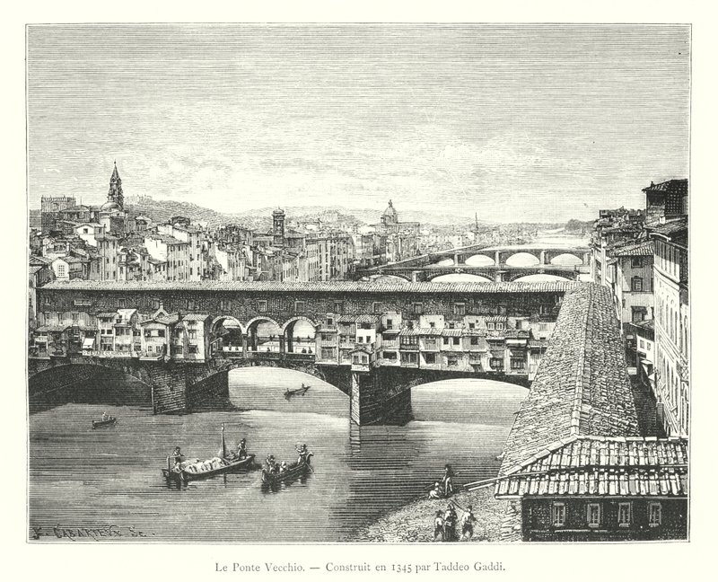 Le Ponte Vecchio, Construit en 1345 par Taddeo Gaddi (rytina) od Italian School