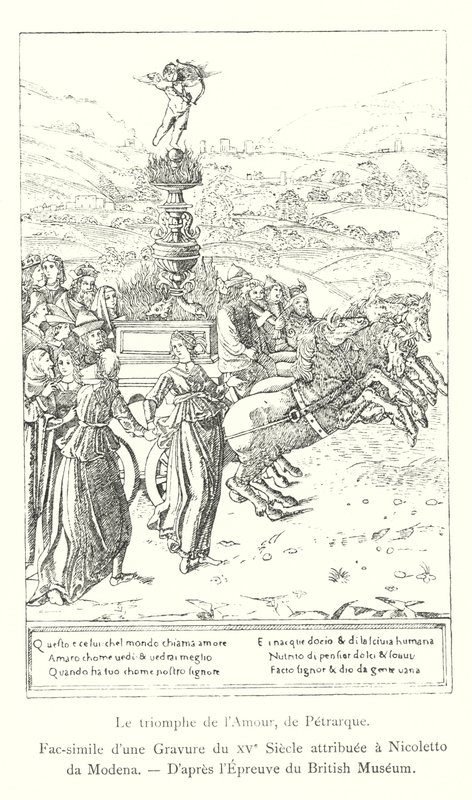 Triumph of Love, od Petrarca, faksimile rytiny z 15. století připisovaná Nicoletto da Modena, po tisku Britského muzea (rytina) od Italian School