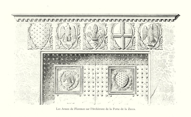 Zbraně Florencie na architrávu Porte de la Zecca (rytina) od Italian School