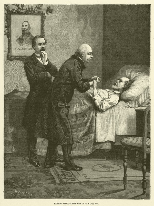 Mazzini v posledních hodinách svého života (rytina) od Italian School