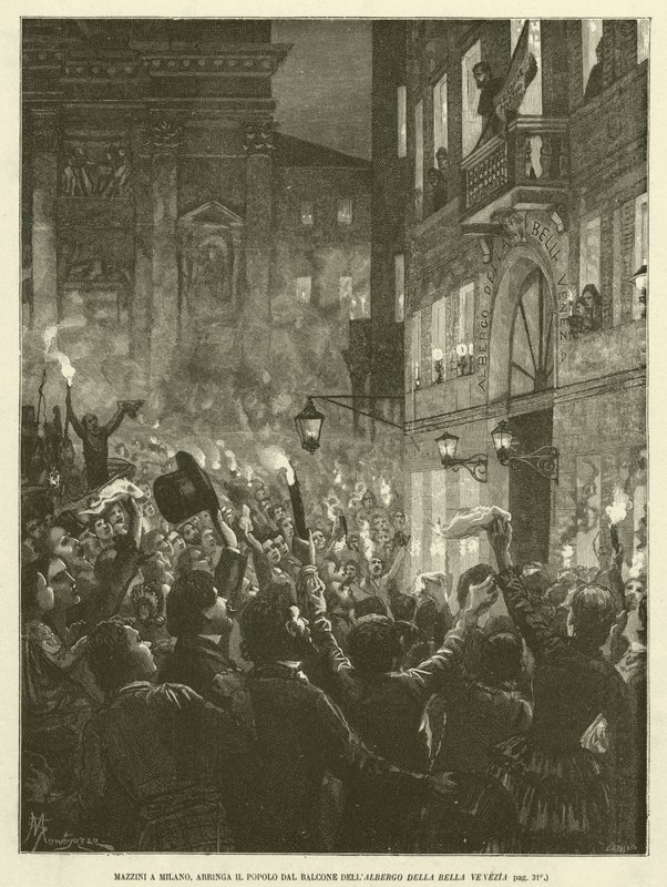 Mazzini v Miláně, Arringa lidé z balkónu Albergo Della Bella Venezia (rytina) od Italian School