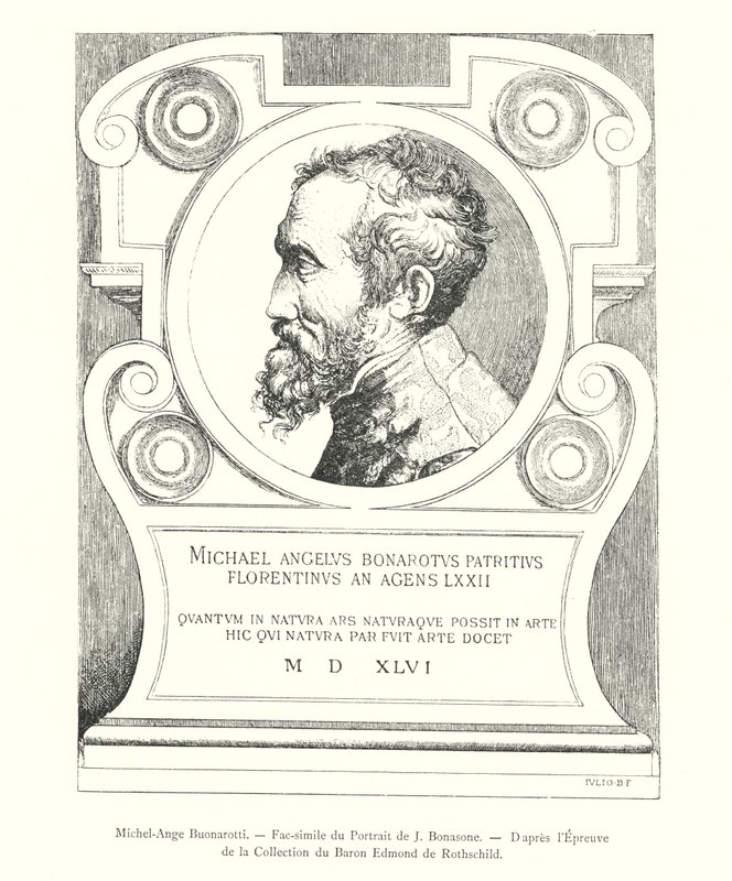 Michel-Ange Buonarotti, faksimile portrétu J Bonasone, po důkazu ze sbírky barona Edmonda de Rothschilda (rytina) od Italian School