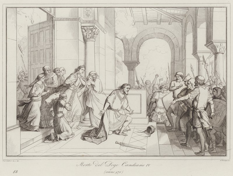 Death of Doge Candiano IV, 976 (rytina) od Italian School