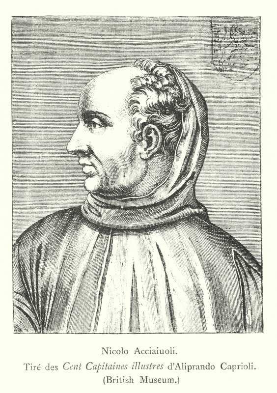 Nicolo Acciaiuoli, Tire des Cent Capitaines ilustrace od Alipranda Caprioliho, Britské muzeum (rytina) od Italian School