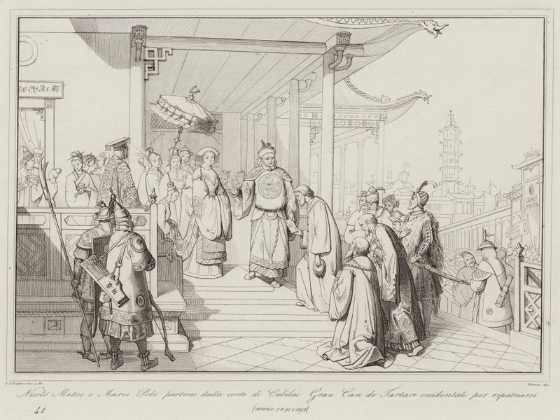 Nicolo Matteo a Marco Polo odcházejí ze dvora Cubilai Gran Can de Western Tartars, aby se repatriovali od Italian School