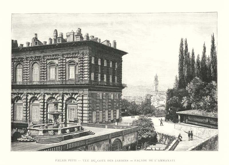 Palác Pitti, pohled ze strany zahrad, fasáda Ammanati (rytina) od Italian School