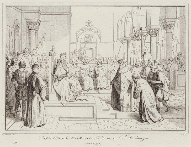 Pietro Orseolo II si podmaní Istrii a Dalmácii, 997 (rytina) od Italian School