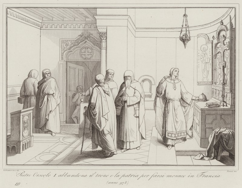 Pietro Orseolo I opouští svůj trůn a svou vlast, aby se stal mnichem ve Francii, 978 (rytina) od Italian School