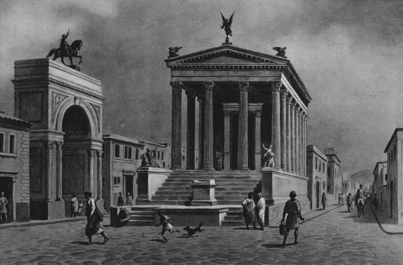 Pompeje: Chrám a cesta štěstí (litho) od Italian School