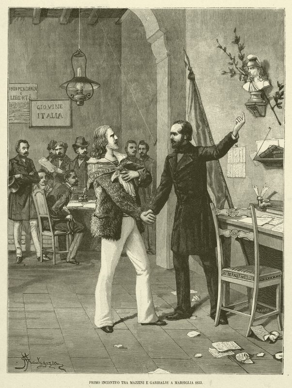 První setkání mezi Mazzinim a Garibaldim v Marseille 1833 (rytina) od Italian School