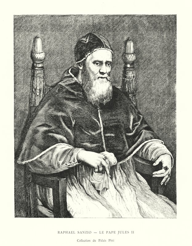 Raphael Sanzio, papež Julius II., Pitti Palace Collection (rytina) od Italian School