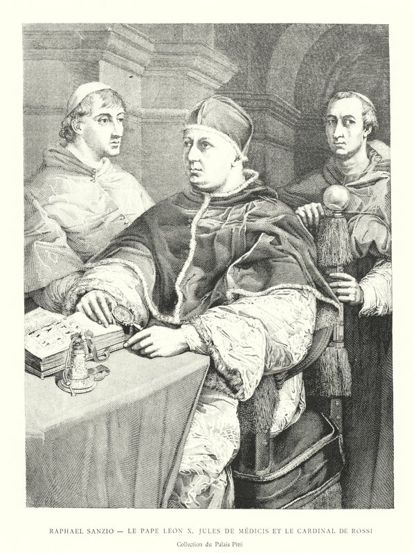 Raphael Sanzio, Le Pape Leon X, Jules de Medici a Cardinal de Rossi, Collection du Palais Pitti (rytina) od Italian School