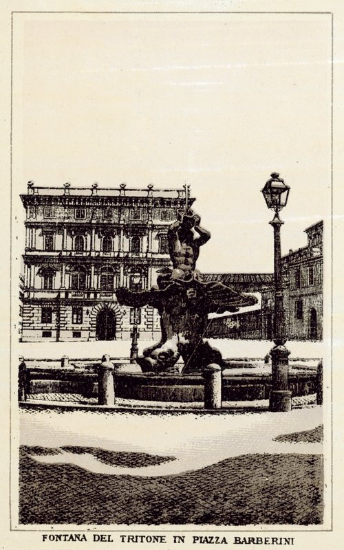 Řím: Fontána Triton na náměstí Piazza Barberini (litho) od Italian School